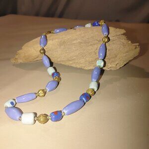 Vintage Artisan Blue Glass Paint Accent Gold Beaded Necklace Interlock Clasp
